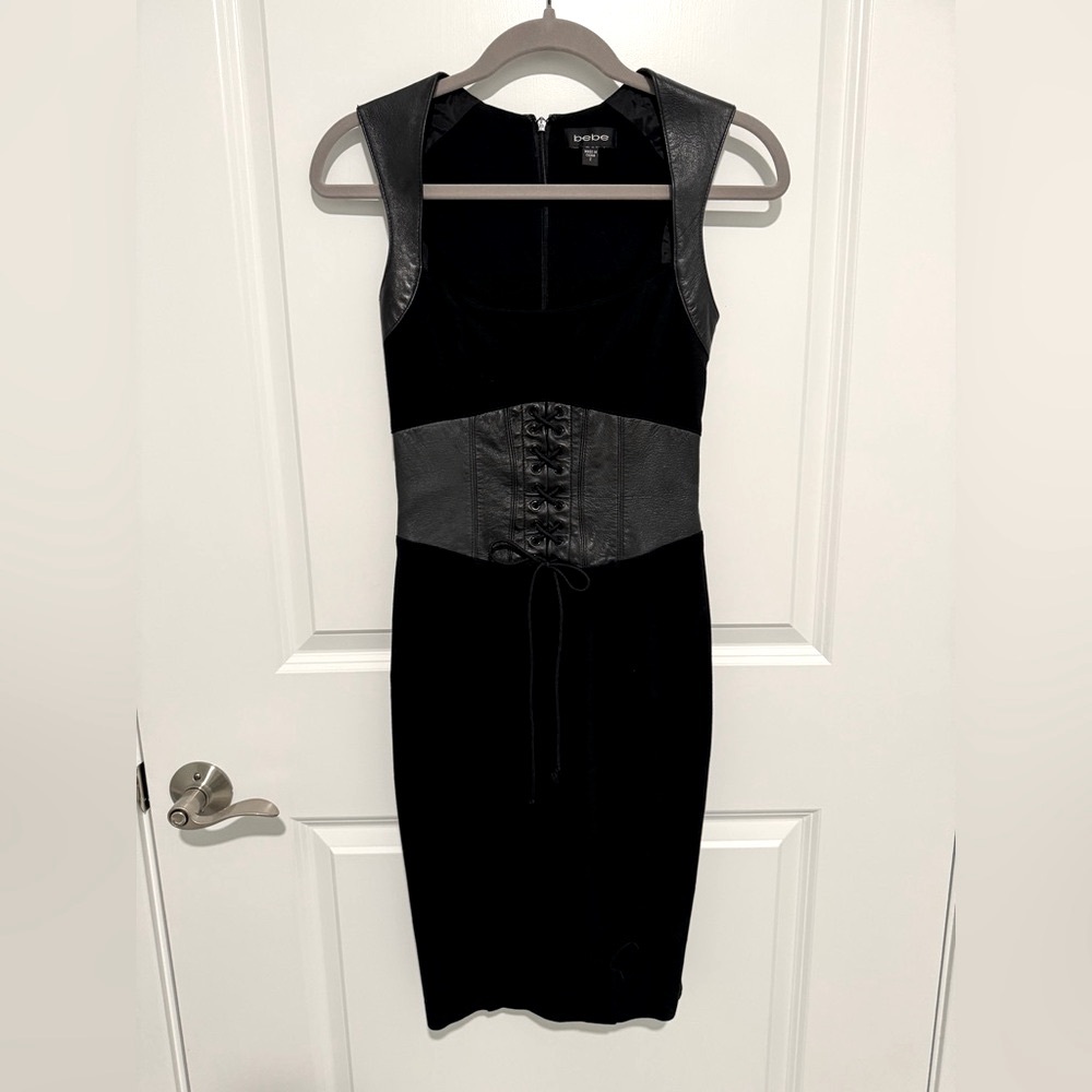 BEBE Black Lace Up Leather Corset Pencil Wiggle Dress Size 2 Sexy Pin Up